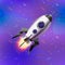 Cute cartoon space rocket on deep space background