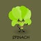 Cute cartoon spinach or salad. Tasty and healthy vegetables. Vegan character with eyes and a smile. Dark background