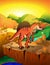 Cute cartoon spinosaur with landscape background.