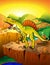 Cute cartoon spinosaur with landscape background.