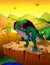 Cute cartoon spinosaur with landscape background.