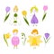 Cute cartoon spring fairies and flowers collection