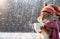 Cute cartoon squirrel, cup a winter clearing cold snow season beautiful