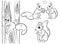 Cute cartoon squirrel vector coloring page outline. Squirrel in different postures. Squirrel with hazelnut, two squirrels in love