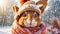 Cute cartoon squirrel in a winter clearing funny scarf December cold