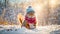 Cute cartoon squirrel in a winter clearing funny scarf December cold snow