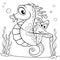 Cute cartoon starfish sitting on the seahorse. Black and white vector illustration for coloring book