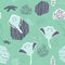 Cute cartoon stingray, starfish characters with algae, corals seamless pattern. Vector collage, cut paper effect on aquamarine