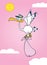 Cute Cartoon Stork Delivery A Baby Girl In The Sky