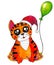 Cute cartoon striped tiger. Animal with a balloon and a New Year\\\'s red cap. Watercolor symbol of 2022 water tiger.