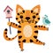 Cute cartoon striped tiger. The animal holds a birdhouse in its hands. The cat is friends with the bird. Vector icon isolated on