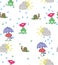 Cute cartoon style background of frogs, snails and mushrooms