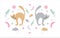 Cute cartoon style cats surrounded with hearts, cat toys and food on a white background