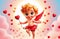 cute cartoon style cupid boy with lots of hearts, valentines greeting card