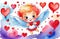 cute cartoon style cupid boy with lots of hearts, valentines greeting card