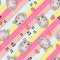 Cute cartoon style mouse singing and smiling with hearts and beam notes, seamless pattern on diagonal stripes.