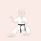 Cute cartoon style old man Karate master in fighting stance.Healthy lifestyle.Vector illustration