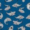 Cute cartoon style pattern with funny sharks in diferent poses.