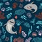 Cute cartoon style pattern with funny sharks and simple stylized corals.