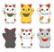 Cute cartoon style vector illustrations of different colored traditional Japanese so called `Maneki Neko` winking lucky cats
