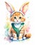 Cute cartoon style watercolor ginger tabby cat wears rabbit ears Easter bunny costume