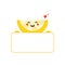 Cute cartoon style yellow smiling lemon slice character holding in hands blank card