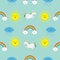 Cute cartoon sun, cloud with rain, rainbow, unicorn horse with eyes set. Baby Seamless Pattern Wrapping paper, textile template. B