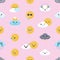 Cute cartoon sun and cloud, weather emoji, seamless vector background for kids