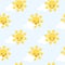 Cute cartoon sun seamless pattern vector background. Lovely cartoon character on cloud and blue sky background.