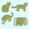 Cute cartoon tabby cat in various situations, eating, sleeping and sitting.
