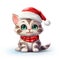 cute cartoon tabby kitten in red christmas hat isolated on white background