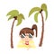 Cute cartoon teen girl in sunglasses sunbathes on a beach mat. Cool summer mascot character resting under palm trees