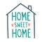 Cute cartoon text lettering `home, sweet home` with hearts and nice house roof