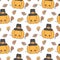 Cute cartoon thanksgiving seamless vector pattern background illustration with pumpkin holding turkey leg and autumn leaves