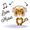 Cute cartoon tiger with beautiful eyes in headphones, love of music. Illustrations for Chinese New Year 2022, Year of