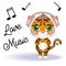 Cute cartoon tiger with beautiful eyes in headphones, love of music. Illustrations for Chinese New Year 2022, Year of