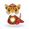 Cute cartoon tiger with beautiful eyes, orange in a red cloak, super hero