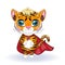 Cute cartoon tiger with beautiful eyes, orange in a red cloak, super hero