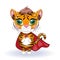 Cute cartoon tiger with beautiful eyes, orange in a red cloak, super hero