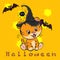 Cute cartoon tiger with beautiful eyes, witch hat, bats orange background Halloween 2022 2021.