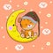 A cute cartoon tiger with closed eyes in a hat for sleeping sleeps on the moon. Vector illustration. A beautiful kitten