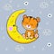 A cute cartoon tiger with closed eyes sleeps on the moon. Vector illustration. A beautiful kitten. Little kitten is