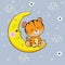 A cute cartoon tiger with closed eyes sleeps on the moon. Vector illustration. A beautiful kitten. Little kitten is