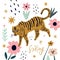 Cute cartoon tiger flat style hand drawn nursery clipart. Nice character. Jungle forest animal. African little predator. Zoo