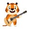 Cute cartoon tiger plays acoustic guitar, vector illustration isolated on white background