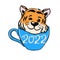 Cute cartoon tiger is sitting in a cup of coffee. Wild kitty character flat style. Modern poster for prints, kid