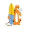 Cute cartoon tiger. Sport. New Year 2022. Chinese horoscope. Vector isolated illustration. Summer sport activities. Surf