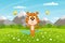 Cute cartoon tiger stands on the field against the background of mountains and sky. Summer landscape. The symbol of the year.