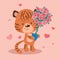Cute cartoon tiger with a topiary in a pot of roses in a pot for Valentine`s Day. Vector illustration