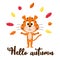 Cute cartoon tiger tosses autumn colorful leaves. A postcard with an adorable character and the words Hello autumn. Color vector